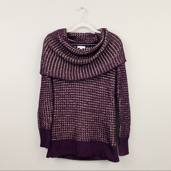 Cache Sweaters - Cache Dark Purple Metallic Gold Cowl Neck Sweater